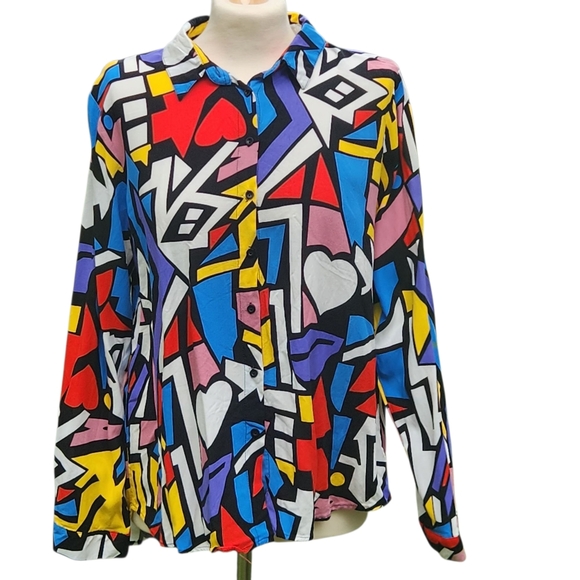 Women's Button Blouse Xlarge Artsy Pop Funky Geometric Festival Concert - Picture 4 of 14